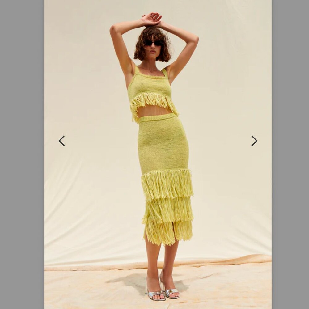 Saylor Shonda Set in Chartreuse, Fringe Crop top and Skirt Set, Small